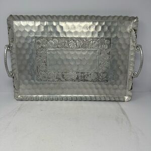 Vintage Cromwell Hand Wrought Aluminum Serving Tray w/Floral Design 19"x13" A0